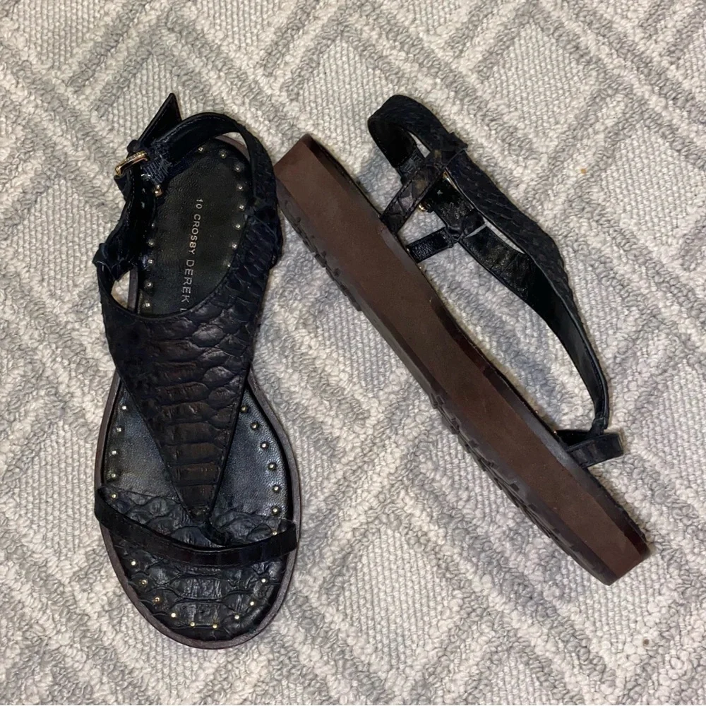 10 Crosby Derek Lam black leather croc embossed toe post platform sandals size 6